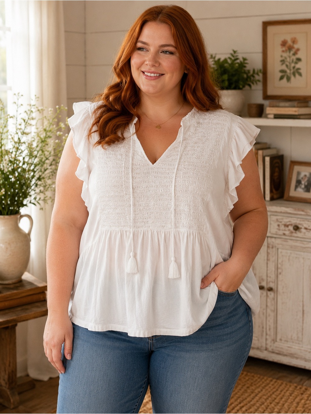 Time and Tru White Smocked V-Neck Tassel Blouse
